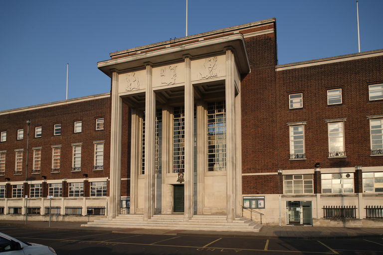Exterior façade photo of recently restored art-deco building Civic Centre in Dagenham London.