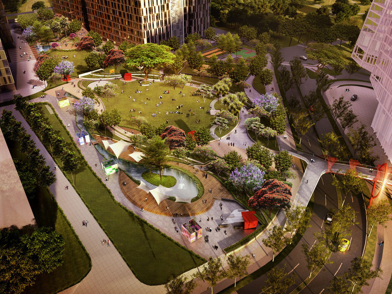 Community spaces at the proposed Bhartiya City in Bangalore, India