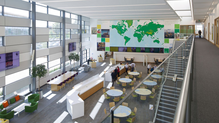 Internal learning spaces and atrium at BP's Upstream Learning Centre, part of their Sunbury campus.