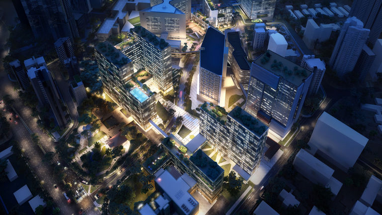 Night aerial view of Health City Novena, an integrated healthcare mega-hub in Singapore