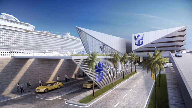 External facade of Miami Cruise terminal, one side focusing on operational aspects such as parking and drop-off, whilst the waterfront side prioritises facilities for passengers.