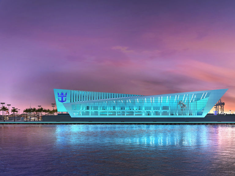 Evening exterior of Miami Cruise Terminal, designed by Broadway Malyan for Royal Caribbean Cruises Ltd.