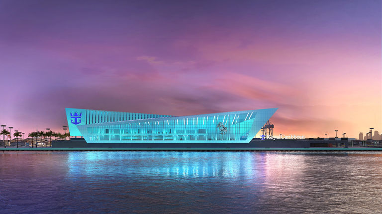 Evening exterior of Miami Cruise Terminal, designed by Broadway Malyan for Royal Caribbean Cruises Ltd.