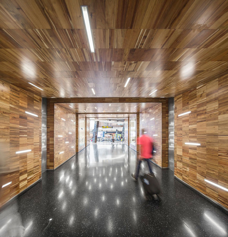 New timber interior finishes at newly refurbished Lisbon International Airport, Portugal.