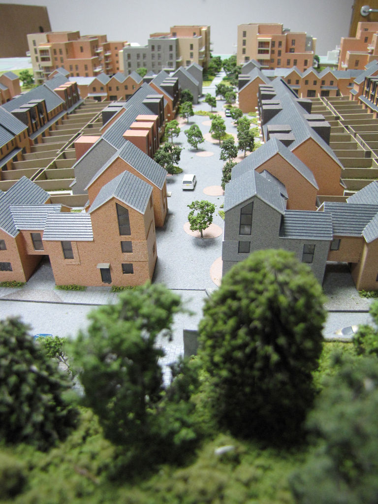 Model of regeneration project Erith Park, showing mix of apartment buildings, terrace housing and private gardens.