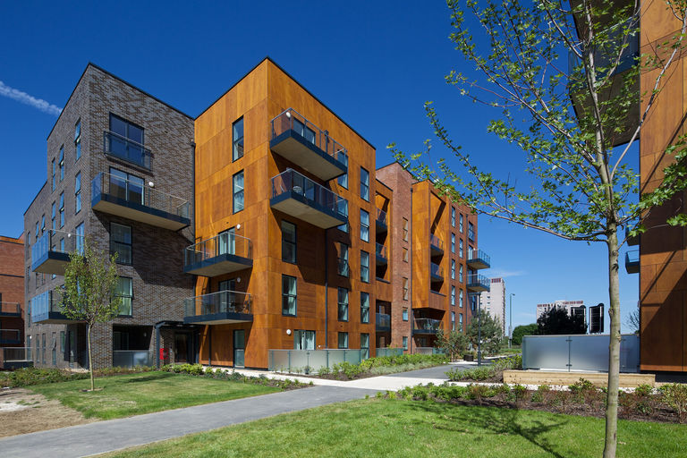 Five storey apartment building at redeveloped residential community Erith Park in London.