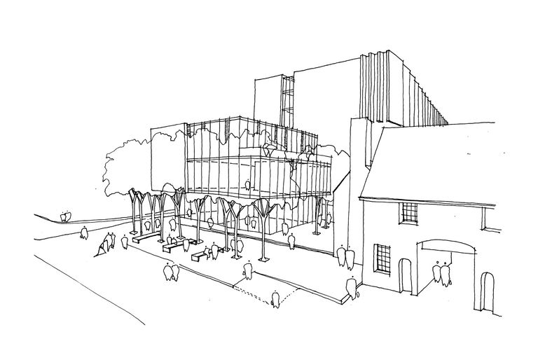 Broadway Malyan sketch of front facade of Science and Health Building, demonstrating how the contemporary landmark building complements the existing building and heritage of Coventry University
