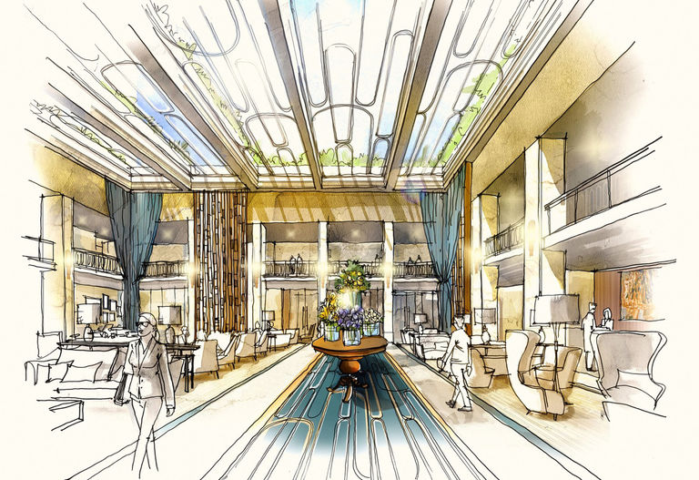 Sketch of redesigned hotel lobby at Tivoli Avenida Liberdade in Lisbon.
