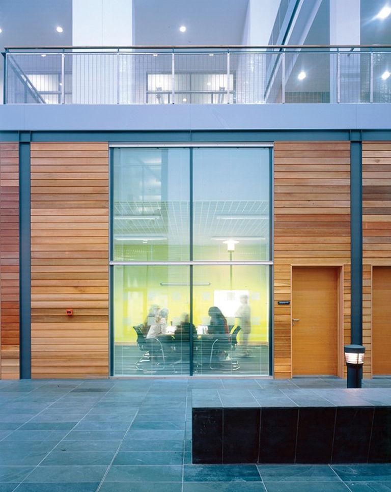 Timber paneling inside the Met Office in Exeter, designed by Broadway Malyan