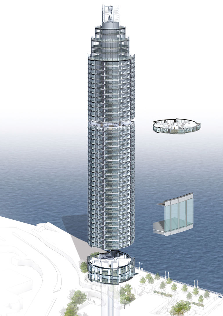 Energy efficiency image of The Tower, One St George Wharf, presenting use of ventilated cavity facade and energy generating wind turbine.