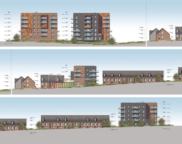 Elevations of Erith Park in London, showing mix of apartments, terrace housing, community building and nursery.