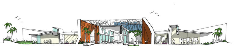 Sketch of school elevation within ADEC Schools Programme, UAE, showing indoor and outdoor learning spaces.