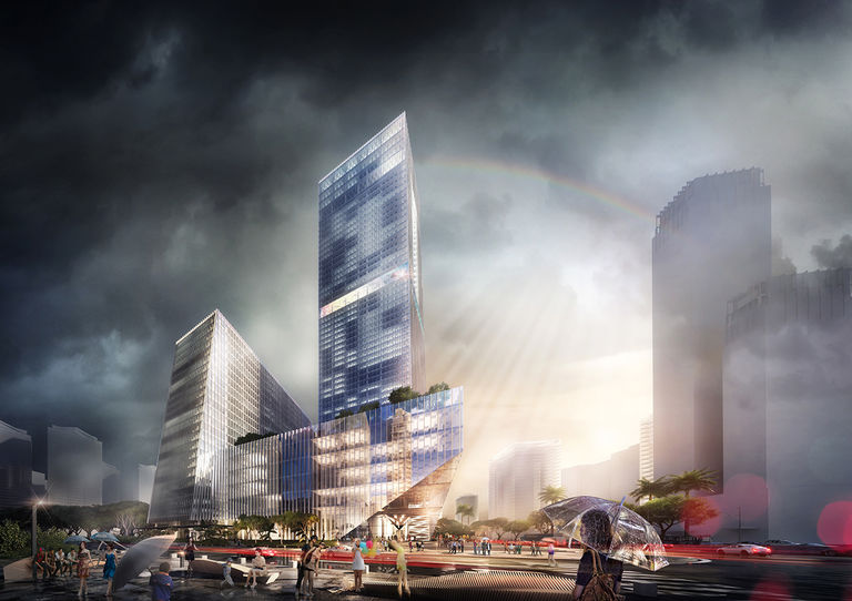 Exterior visualisation of 7Point8, a mixed use tower development in Jakarta, Indonesia, combining retail, commercial and hospitality uses around an on-site public space.
