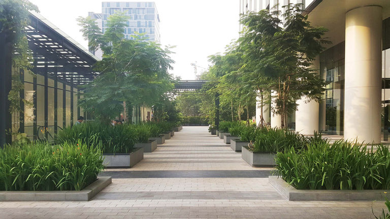 The landscaped public realm outside Tower 9 on CIBIS Business Park in Jakarta, Indonesia, designed by Broadway Malyan