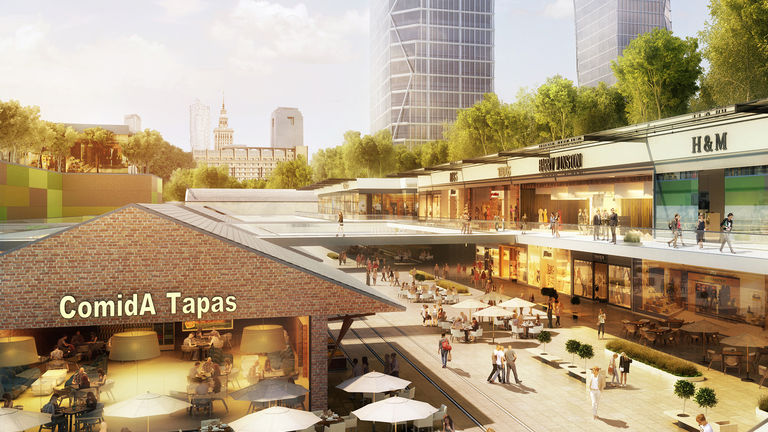 Visualisation of retail, leisure and streetscape at mixed-use development Warszama Główna in Warsaw, Poland.