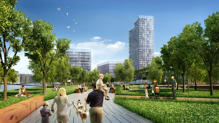 Visualisation of public realm and gardens, part of the mixed-use regeneration masterplan for Warszama Główna, in Warsaw, Poland.