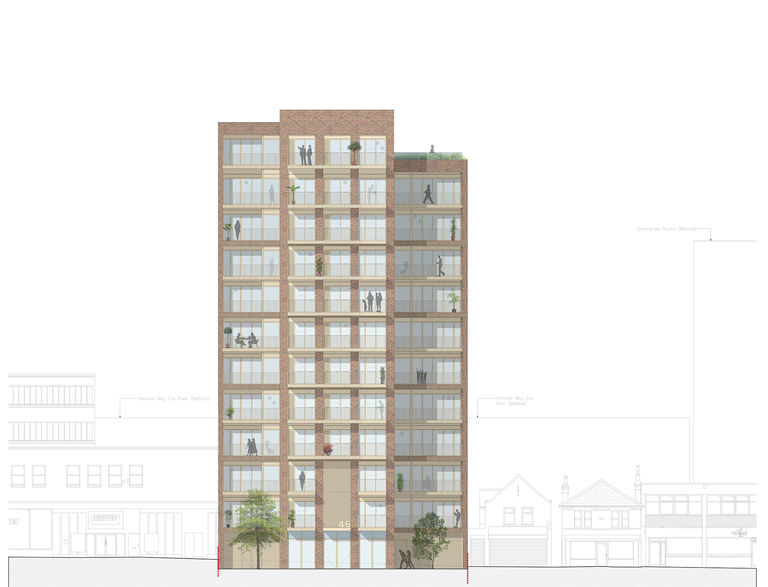 Elevation showing new Rat and Parrot residential scheme in Woking