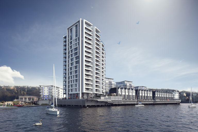 CGI showing new residential development for Crest Nicholson built over the River Thames