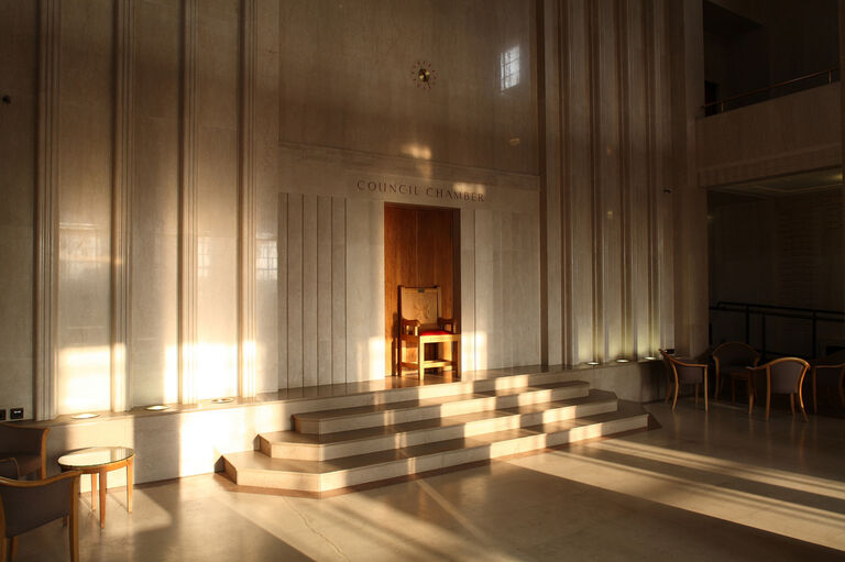 Interior photo of Grade II listed Civic Centre Dagenham London, to be refurbished into a new London campus building for Coventry University.