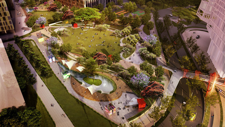 Community spaces at the proposed Bhartiya City in Bangalore, India