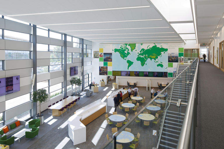 Internal learning spaces and atrium at BP's Upstream Learning Centre, part of their Sunbury campus.