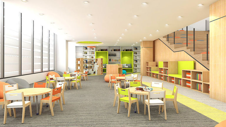 Visualisation of library design and interior finishes at Nexus International School in Singapore.
