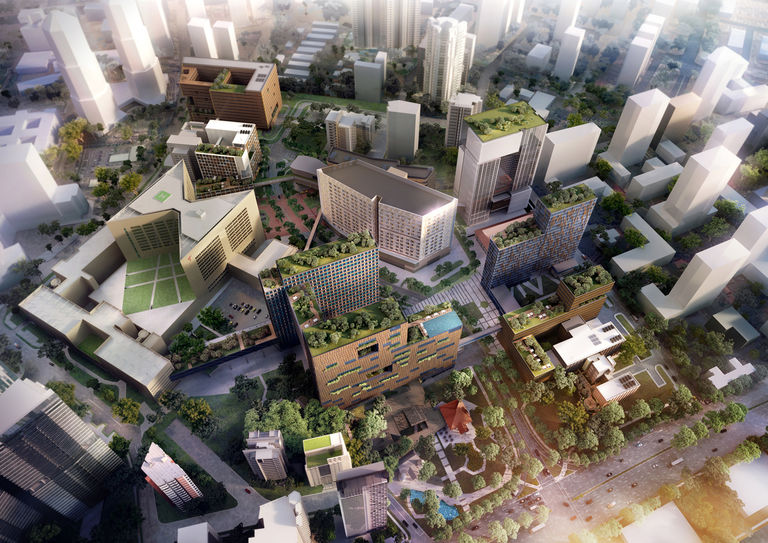 Bird's eye view of Health City Novena in Singapore, designed around a cluster concept