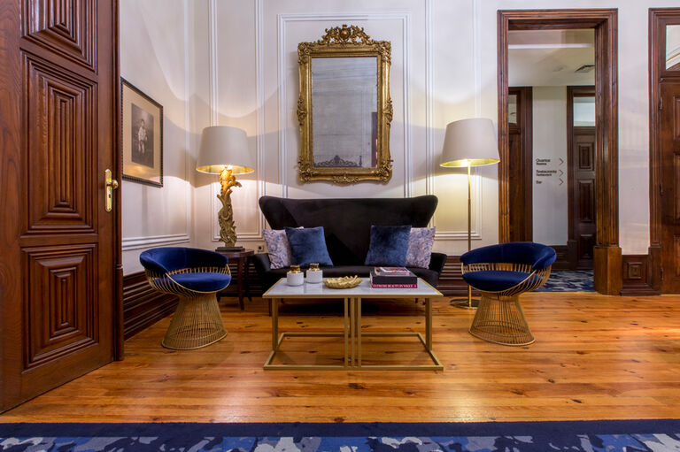 The classically inspired lobby area of the refurbished Quinta das Lagrimas hotel in Coimbra, Portugal, reimagined by architect Broadway Malyan