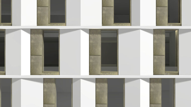 Close up of the new facade design for the former Birds Eye HQ, Walton Upon Thames