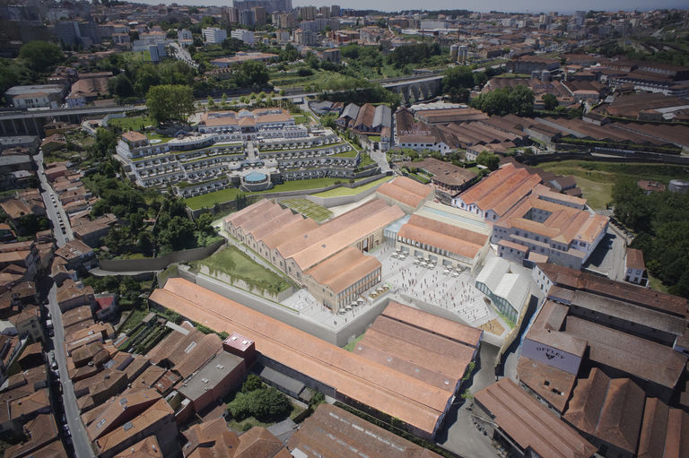 Aerial visualisation of new tourist attraction World of Wine in Vila Nova de Gaia, Portugal, creating a central public square and restoring several historic warehouses.
