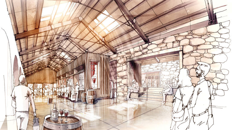 Sketch of internal entertainment space at World of Wine in Portugal, the transformation of former wine warehouses in Vila Nova de Gaia into a popular tourist attraction.