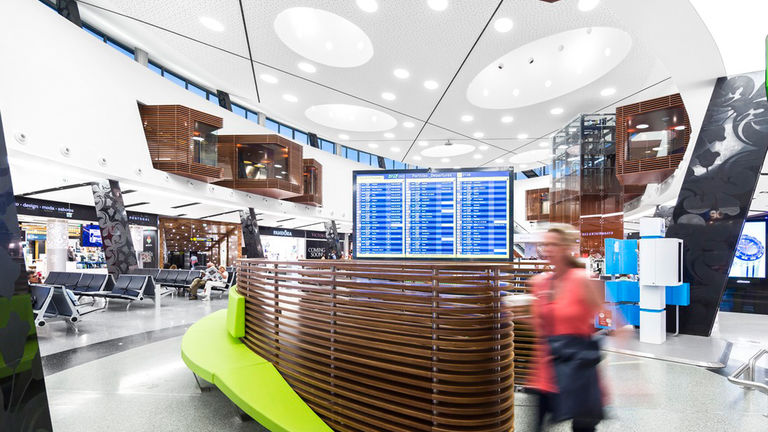 Photo of upgraded public concourse and high quality interior finishes at Lisbon International Airport, Portugal.
