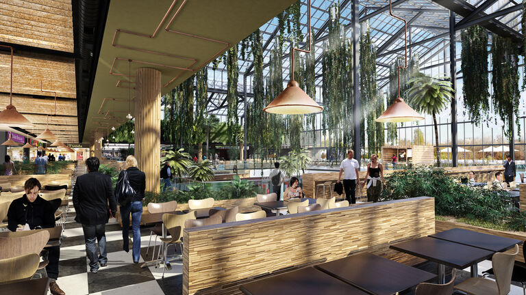 Interior visualisation of tree house and winter garden features at Parklake Plaza in Bucharest, Romania.