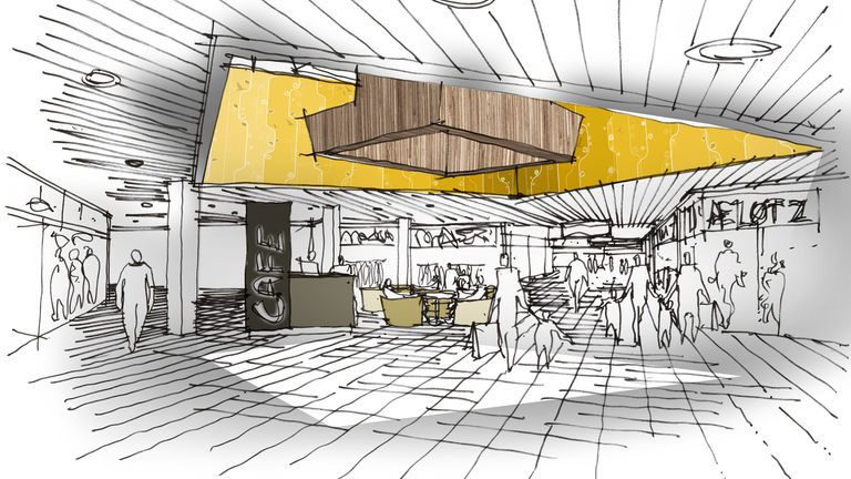 Sketch of cafe and food court space at Rosengardecentret retail centre in Odense, Denmark.