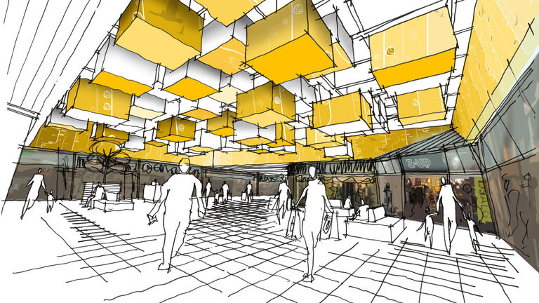 Sketch of interior lighting and ceiling design detail at Rosengardecentret retail centre in Odense, Denmark.