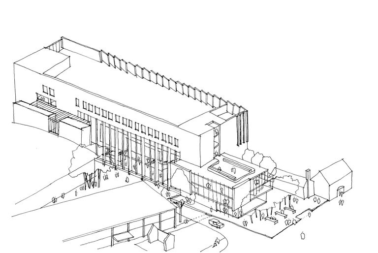 Sketch by Broadway Malyan, showing full length, bird's eye view of the new Science and Health Building at Coventry University.