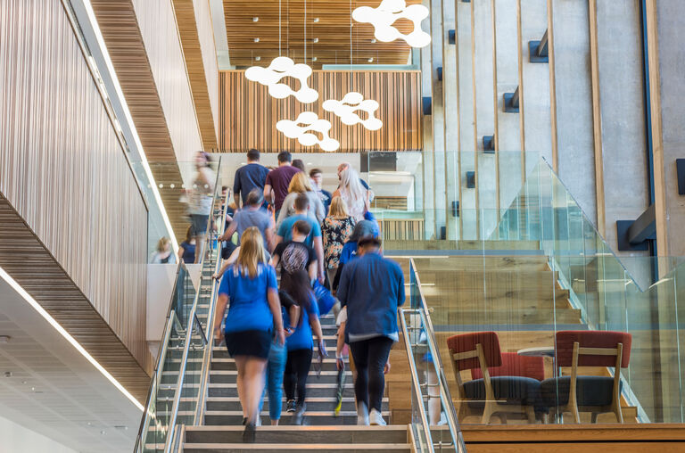 Internal staircase at Coventry University's new Science and Health Building, showcasing the use of shallow floor plates and soft timber detail.