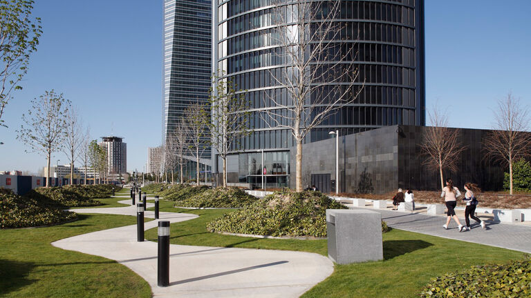 Varied and inspiring urban spaces at Las Cuatro Torres plaza, Madrid