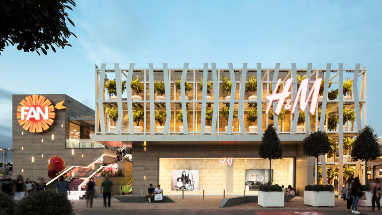 Exterior façade of large retail unit at Fan Mallorca in Spain, part of a major extension project by Broadway Malyan.