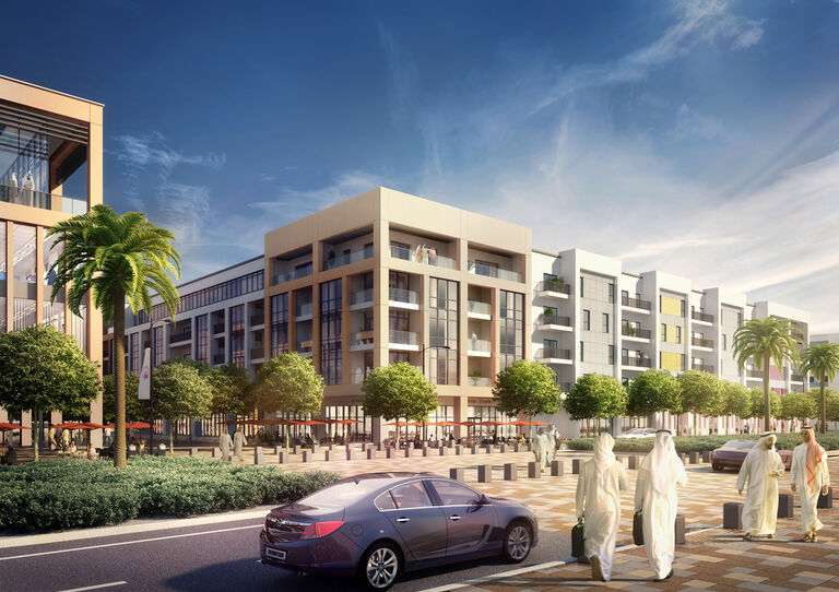 Pedestrianised boulevards approaching the Hazza Bin Zayed Stadium in Al Ain, UAE.