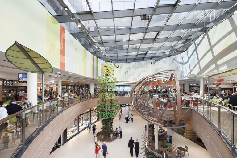 View from first floor over Skyline Plaza shopping centre in Frankfurt, Germany.