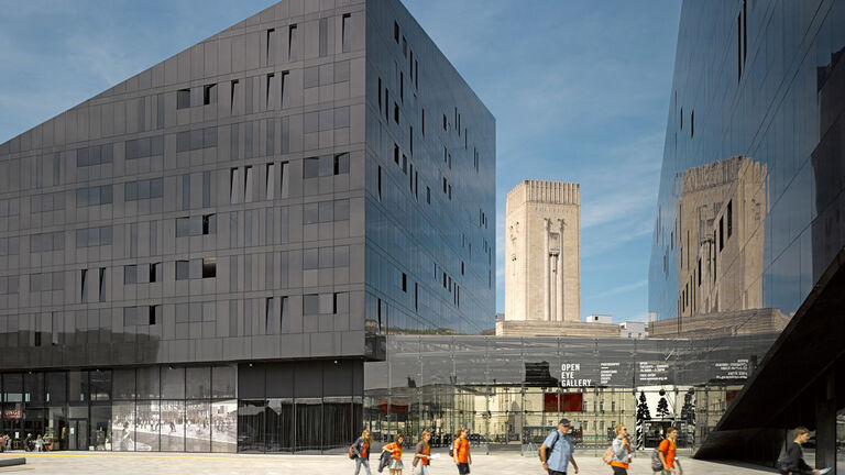 Two residential buildings at Mann Island in Liverpool, linked by undercover public realm and exhibition space.