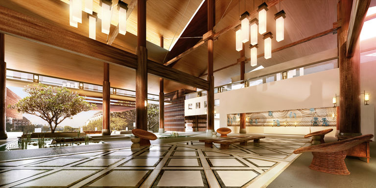 A CGI of the main reception area in the luxurious 'condotel' Twenty Twenty in Pecatu, designed by architect Broadway Malyan