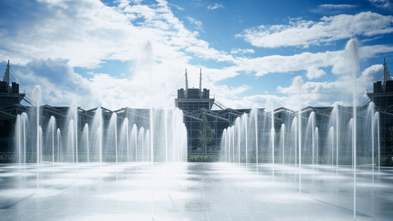 Water feature and parkland landscape at BP International Centre of Business and Technology in Sunbury.