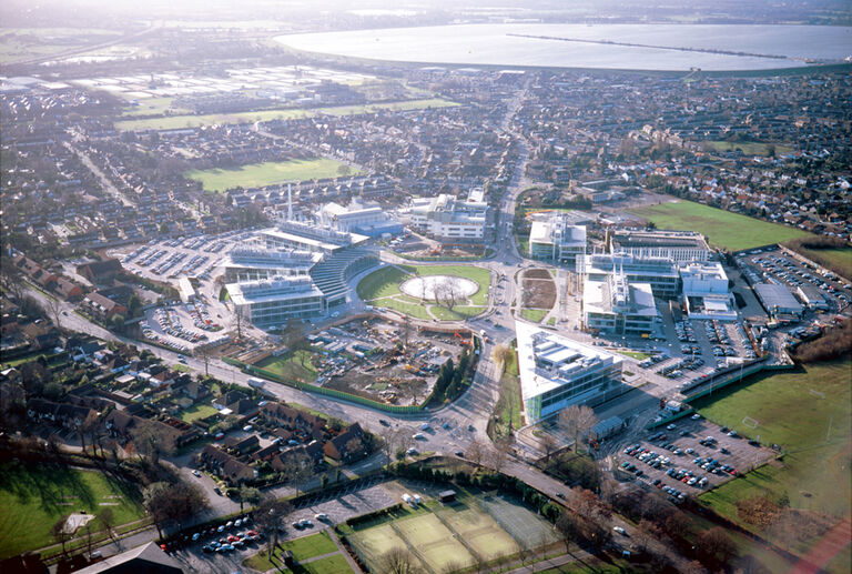 Aerial photo of campus style masterplan for BP's International Centre for Business Technology in Sunbury, design and delivered by Broadway Malyan.