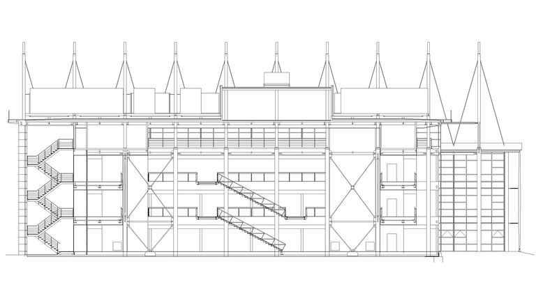 Building cross section at BP International Centre for Business and Technology in Sunbury, showing steel frame components and large unobstructed floor spaces.