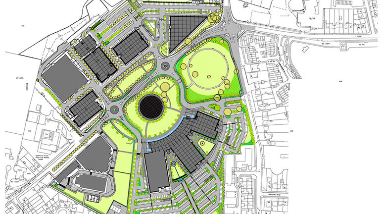 Master Plan sketch of BP International Centre for Business and Technology in Sunbury, designed by Broadway Malyan.