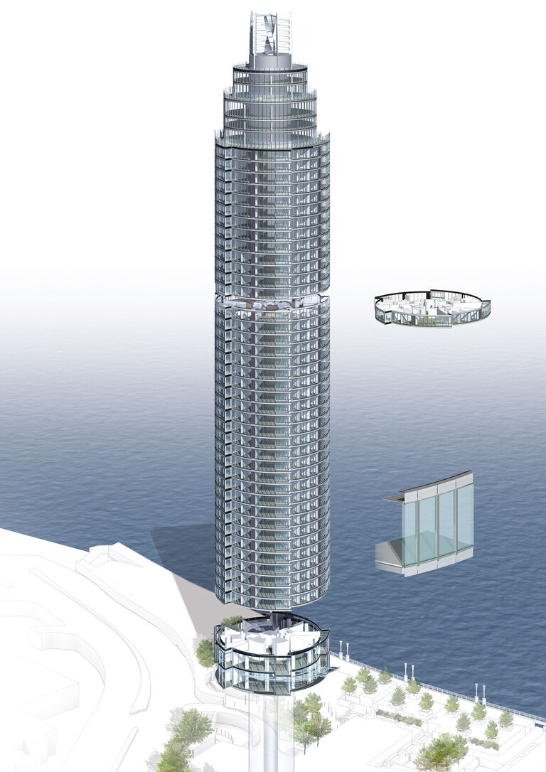 Energy efficiency image of The Tower, One St George Wharf, presenting use of ventilated cavity facade and energy generating wind turbine.