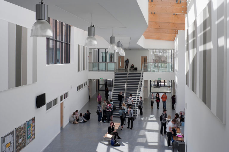 Photo of interior finishes, lobby and staircase at Sir John Deane's Sixth Form College, on the outskirts of Northwich town centre in Cheshire, UK.