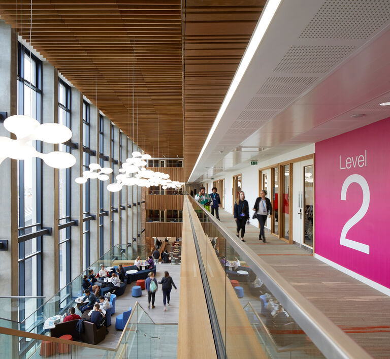 Exposed concrete columns and soft timber wrapping interacting within the internal spaces at Coventry University's new Health and Science Building,